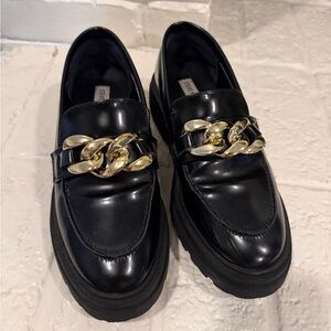Steve Madden Black Patent Loafers with Gold Chain Detail